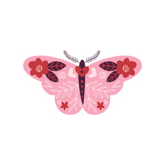 Boho ornate folk floral moth butterfly vector illustration for magical bohemian design