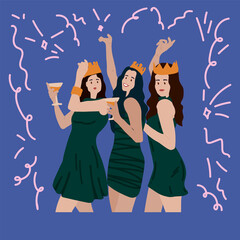 Fototapeta na wymiar Cute girls dancing and having fun. Vector clipart concept of holidays. People are happy and celebrating the Celebration: New year, Christmas, Birthday, Women's day, Mother's Day. Doodle style