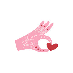 Folk Ornate boho hand palm with  doodle linear floral leafy tattoo keep little red heart vector clip-art isolated on white for Valentine’s Day love design