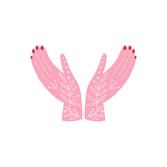 Folk Ornate boho hands palm with  doodle linear floral leafy tattoo vector clip-art isolated on white for Valentine’s Day love design