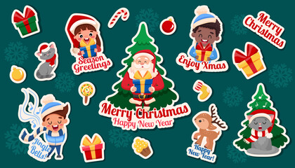 Christmas and New Year sticker set. Vintage elements and Cartoon characters Isolated on green background: Santa Claus, Cute kids, Deer, cat, candy. Vector flat illustration