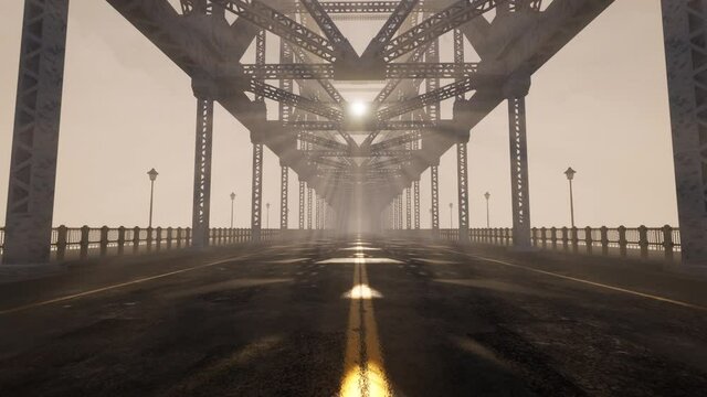 Moving slowly along an empty and desolate suspension bridge with sunlight rays penetrating through the steel beams from above.