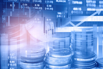 Fototapeta premium Stock market investment trading financial, coin and graph chart or Forex for analyze profit finance business trend data background.