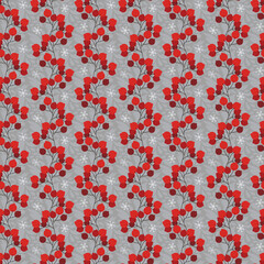 Christmas seamless pattern, branches with red berries and snowflakes, gray