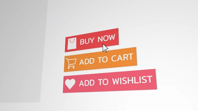 Close up shot animation of shopping cart, paper bag & heart icon on computer screen with animation online commodity on shopping web page. 4k footage 60 fps.