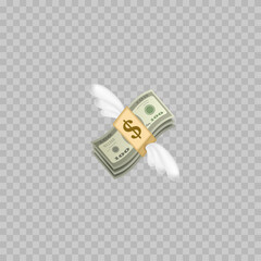 Flying money emoji with wings. Dollar stack. Vector