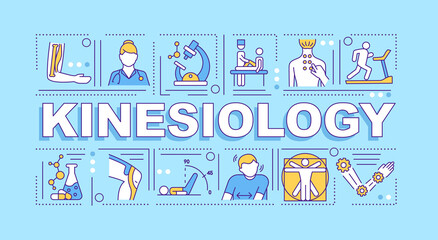 Kinesiology word concepts banner. Muscle monitoring. Movement disorders. Rehabilitation. Infographics with linear icons on blue background. Isolated typography. Vector outline RGB color illustration - obrazy, fototapety, plakaty