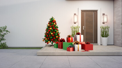 New house with wooden door and empty white wall. 3d rendering of Christmas tree near gift boxes on large patio in modern home.