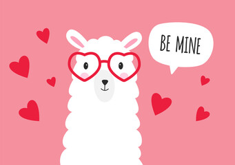 Be mine Valentine. Cute lama with sunglasses and speech bubble. Vector © yabluko_draws