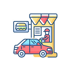 Drive through restaurant RGB color icon. Fast food cafe with car lane. Retail, commercial service. Cantine chain. Buy burger for take away. Take out junk food. Isolated vector illustration