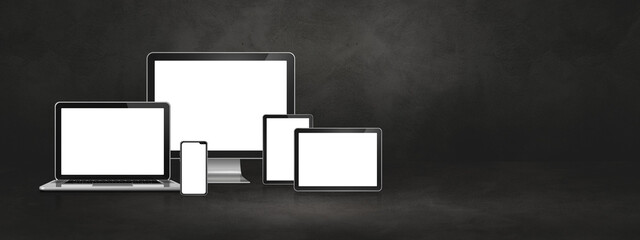 computer, laptop, mobile phone and digital tablet pc. Dark concrete banner