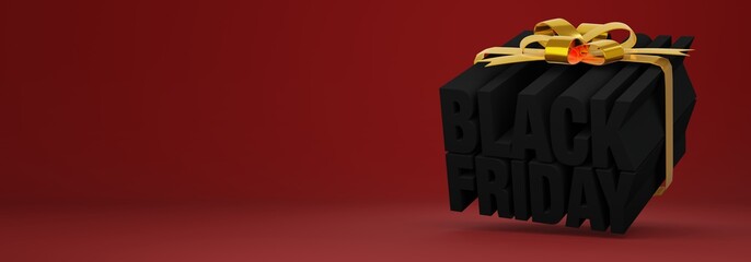 3d gift box concept rendering for black friday festival With black letters tied with glod ribbons On a red background