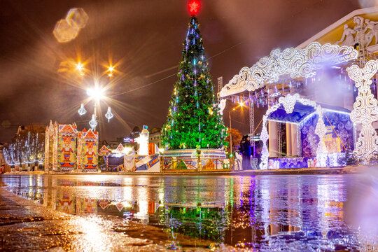 Russia, Cheboksary. Chuvash Drama Theater with a city New Year tree.