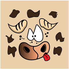 Cartoon spotted bull smiles. Illustration in flat style.