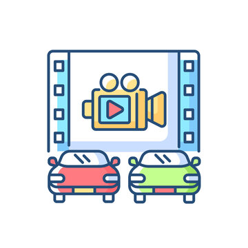 Drive through movie theater RGB color icon. Film on large screen. Cars in outdoors cinema. Watch video from transport lane. Audience outdoors. Night entertainment. Isolated vector illustration