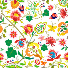 Folk flowers seamless pattern in vintage style isolated on white background. Vector print with ethnic flowers, leaves, grape branches and butterfly. Folk fashionable stylish element for textile