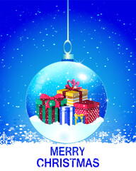 Merry Christmas design, With a brighten christmas ornament with full of presents, In a brighten background with snowflakes - Vector
