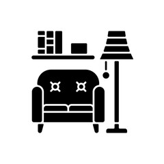 Living room furniture black glyph icon. Home furnishings. Sofas and couches. Creating stylish space. Floor lamps. Shelves with books. Silhouette symbol on white space. Vector isolated illustration