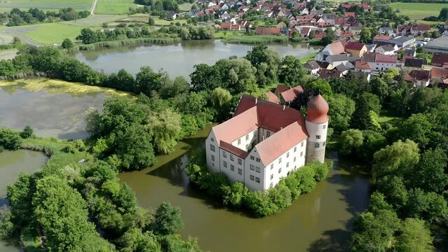 Aerial view, flight at Neuhaus moated castle, Adelsdorf municipality, Bavaria, Germany
