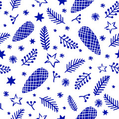 Christmas seamless pattern with gifts, stars,christmas, snowflakes, pinecone and christmas trees. Seamless pattern for christmas packaging, textiles, fabric wallpaper. Decorative illustration