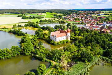 Fototapeta na wymiar Aerial view, Neuhaus moated castle, Adelsdorf municipality, Bavaria, Germany