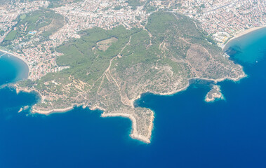 Aerial view over Kalemlik peninsula in Ozdere coastal resort town in Izmir province in Turkey.