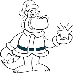 Black and white illustration of a dinosaur in a Santa Claus costume holding a star.