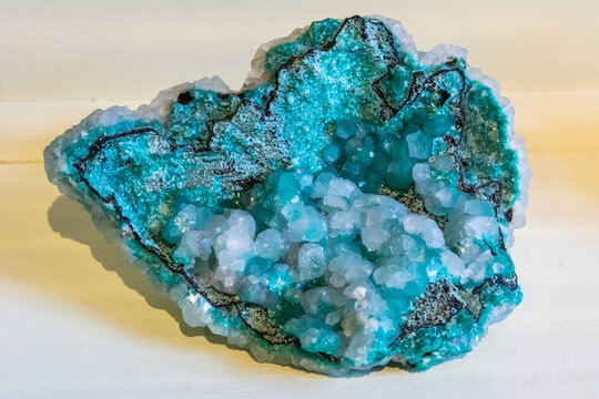 Specimen of aurichalcite, a carbonate mineral, usually found as a secondary mineral in copper and zinc deposits.