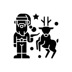 Christmas decor black glyph icon. Artificial tree decorations. Santa Claus and reindeer. Wreaths, garlands, candles. December 25. Silhouette symbol on white space. Vector isolated illustration