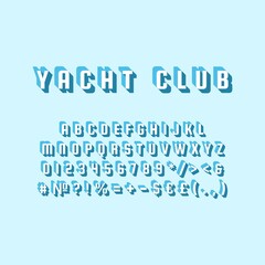 Fototapeta na wymiar Yacht club vintage 3d vector alphabet set. Retro bold font, typeface. Pop art stylized lettering. Old school style letters, numbers, symbols pack. 90s, 80s creative typeset design template