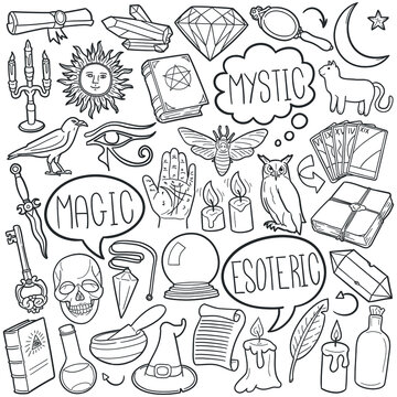 Mystic doodle icon set. Magic Vector illustration collection. Esoteric Banner Hand drawn Line art style.