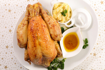 roast chicken, mashed potato and sauce