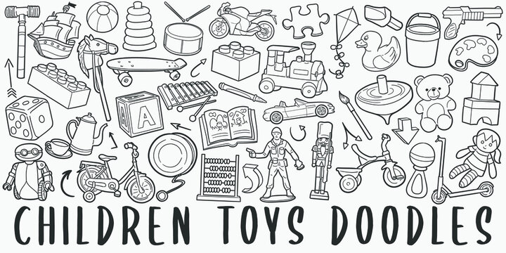 Children Toys doodle icon set. Kids Life Style Vector illustration collection. Banner Hand drawn Line art style.