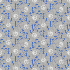 Winter seamless pattern with snowflakes and branches, gray-blue color