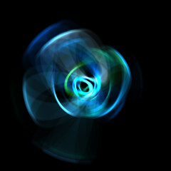 Spinning rays of light isolated on black background. Graphic 2D illustration of glowing colorful light particles in circular motion.
