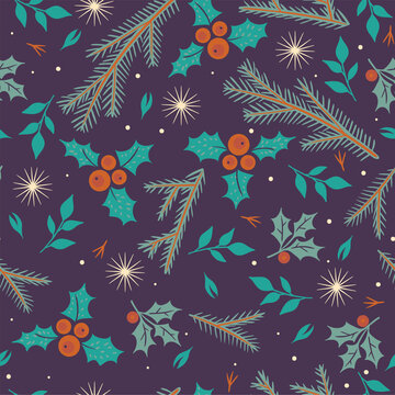 Seamless pattern of winter flora and snow. Vector graphics.