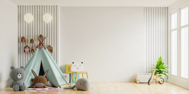 Fototapeta Children's playroom with tent and table sitting white wall,doll.