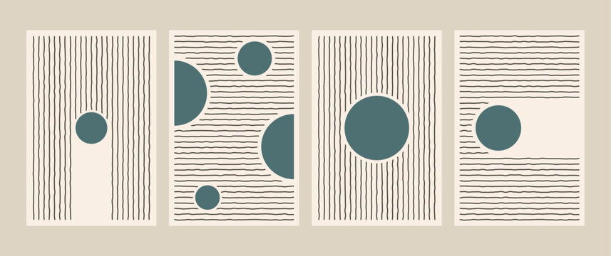 Fototapeta Abstract geometric line posters. Mid century art print for wall decor minimalist vintage painting set 50s style. Vector postcard illustration
