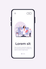 Fototapeta premium Online medical assistance vector illustration. Man using smartphone app for consulting doctor. Male patient chatting with practitioner on internet