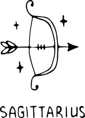 Vector illustration of the zodiac sign Sagittarius in the power of Doodle, black outline on an isolated white background. The concept of astrology, mysticism, divination, horoscopes. Can be used for