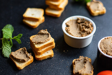 pate chicken liver and vegetables healthy meal snack ingredient top view copy space for text food background rustic