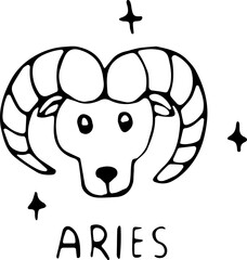 Vector illustration of the zodiac sign Aries in the power of Doodle, black outline on an isolated white background. The concept of astrology, mysticism, divination, horoscopes. Can be used for books