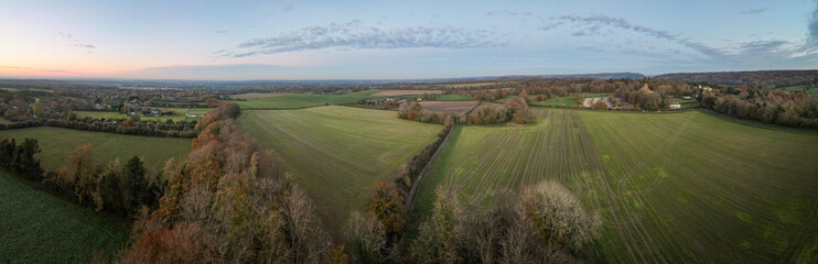 Aerial panorama of English countryside/ arable farmland in Surrey, south west England- UK