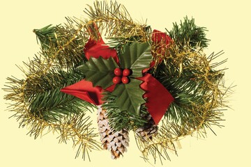 Close up view of Christmas decoration isolated on yellow background.  Postcard. Beautiful Christmas...