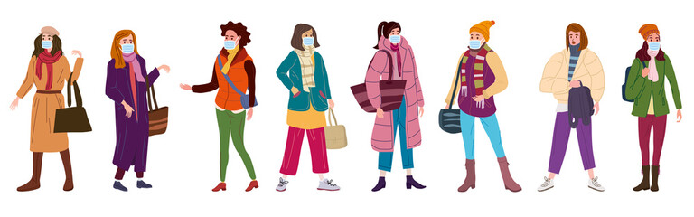 Group of womans wearing surgical masks, prevention and safety. Quarantine coronavirus 2019-nCoV 2 wave epidemic precautions. Trendy style vector illustration