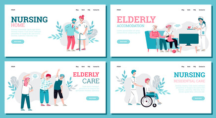 Website banners set for nursing home services advert, flat cartoon vector illustration. Web page mockup for elderly and disabled people nursing, care and accommodation.