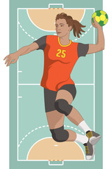 handball player, female, throwing ball with court in the background