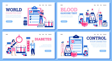 Fototapeta na wymiar Set of web banners for diabetes disease treatment with cartoon people characters, flat vector illustration. Medical concept of diabetics glucose test and health control.