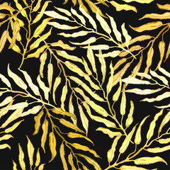 Vector seamless pattern with colorful illustration of tropical palm leaves. For wallpaper, textile print, pattern fills, web page, surface textures, wrapping paper, design of presentation