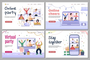 Online birthday, virtual party. Remote celebrations using internet for friends at a long distance or stay at home in quarantine. Set of landing pages templates. Vector illustrations